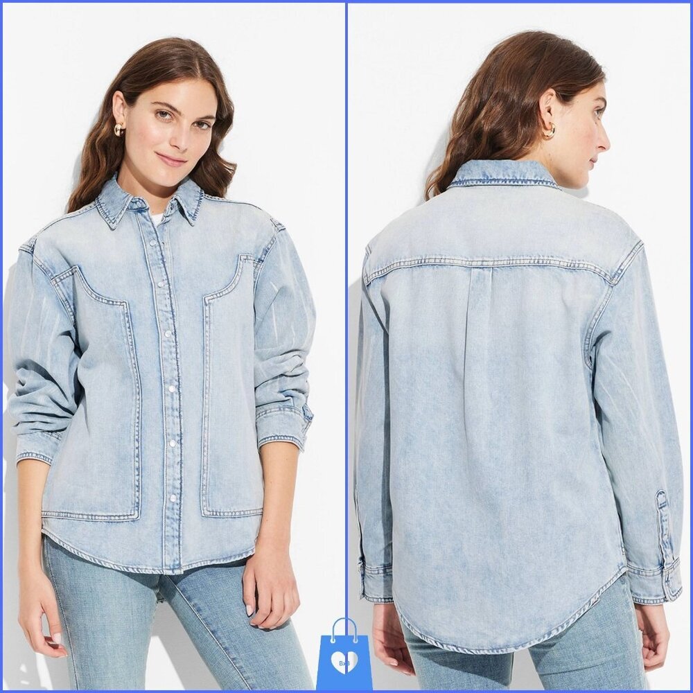 XXL - Womens Long Sleeve Oversized Denim Western Shirt - Wild Fable - Light Wash